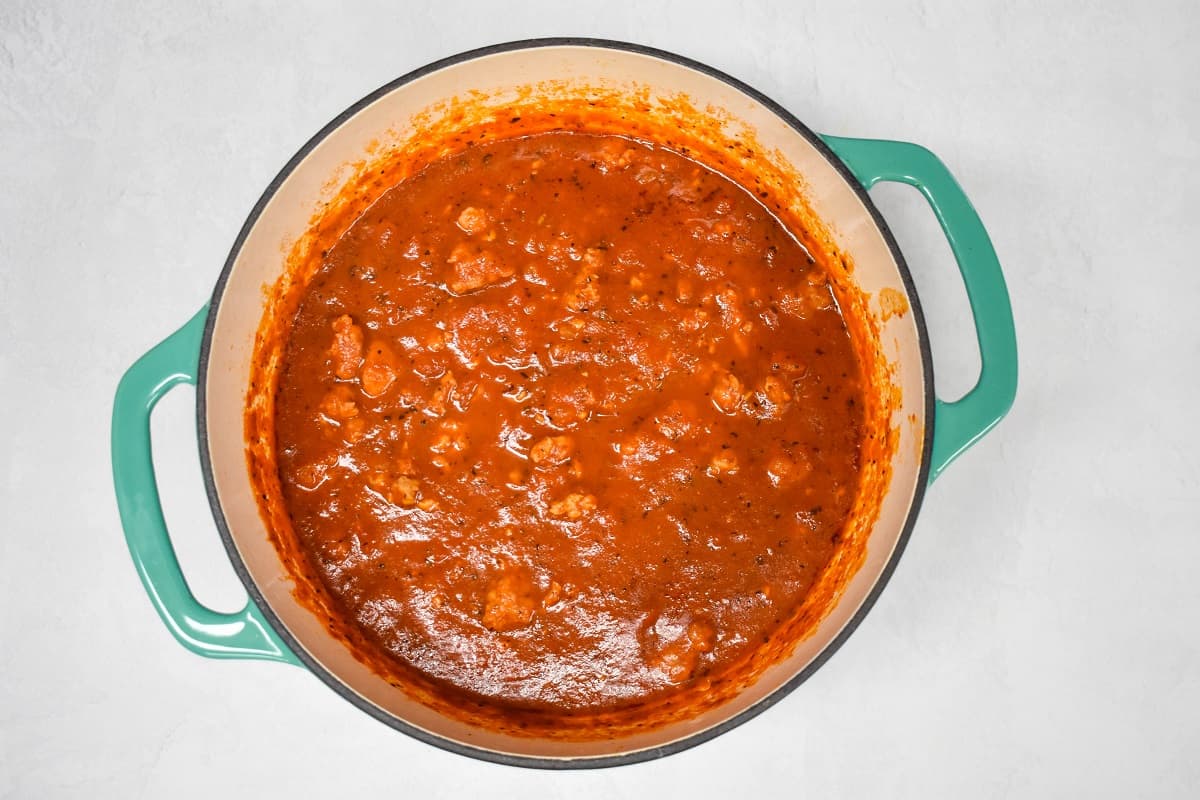 The finished Italian sausage sauce in a large pot.