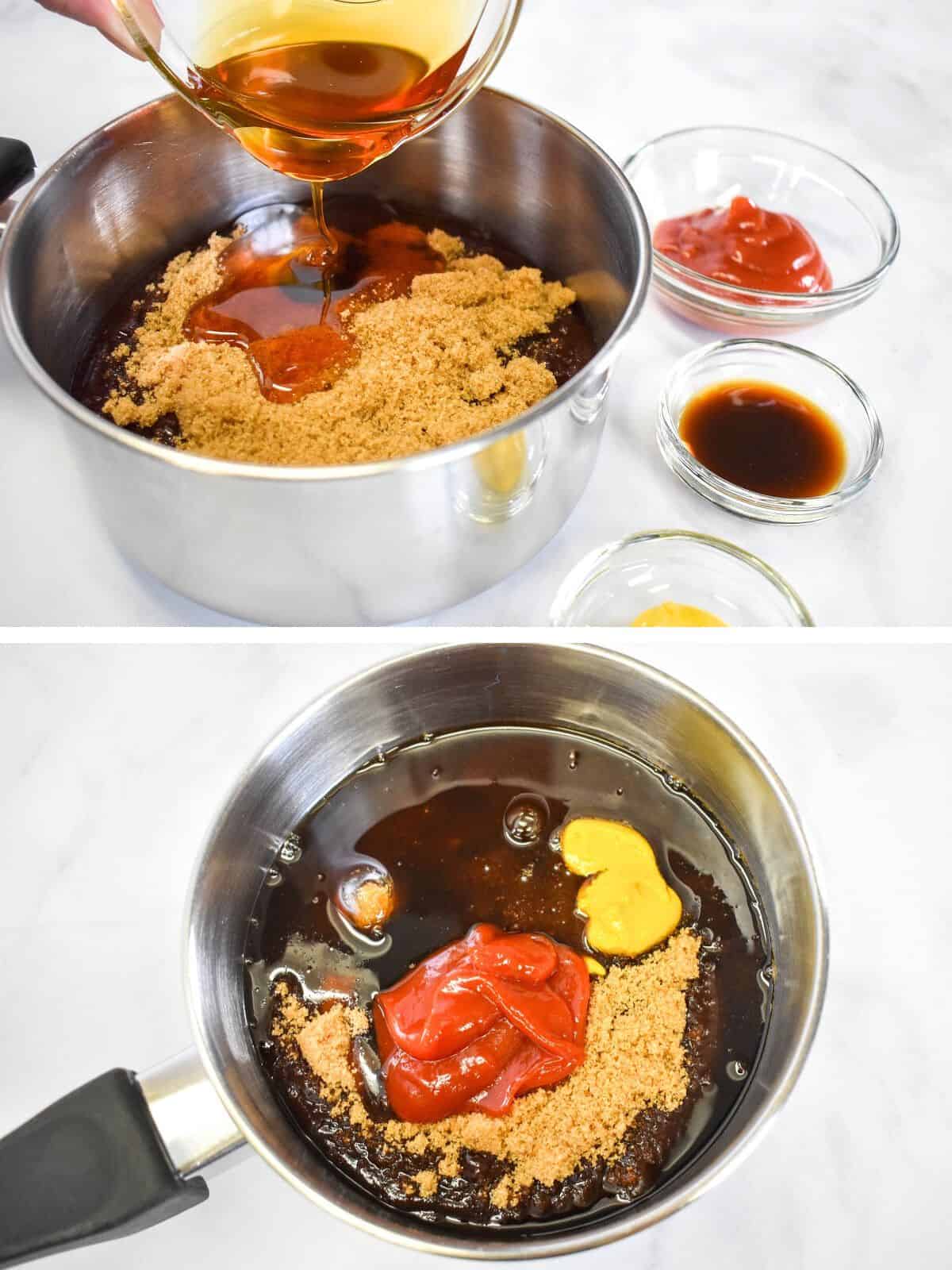 Two images of the ingredients for the barbecue sauce being added to a small saucepan.