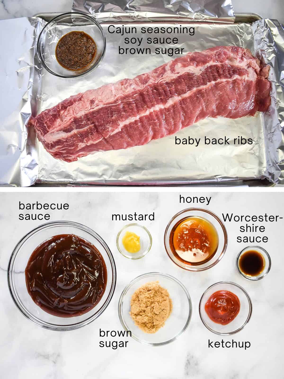 The ingredients for the ribs and sauce prepped and labeled with small black letters.