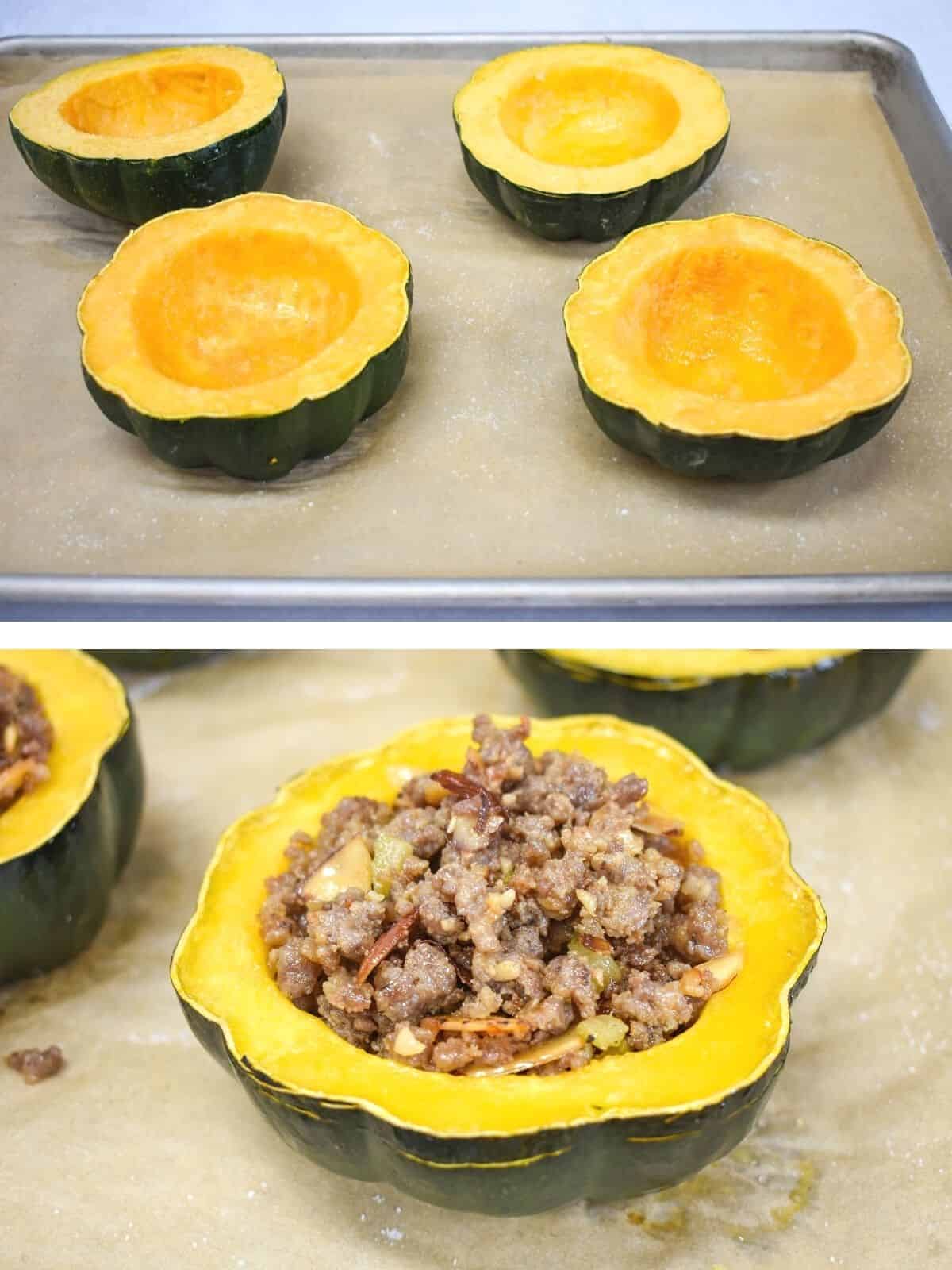Two images of the acorn squash, the first the empty pre-roasted halves and the second is stuffed with the sausage.