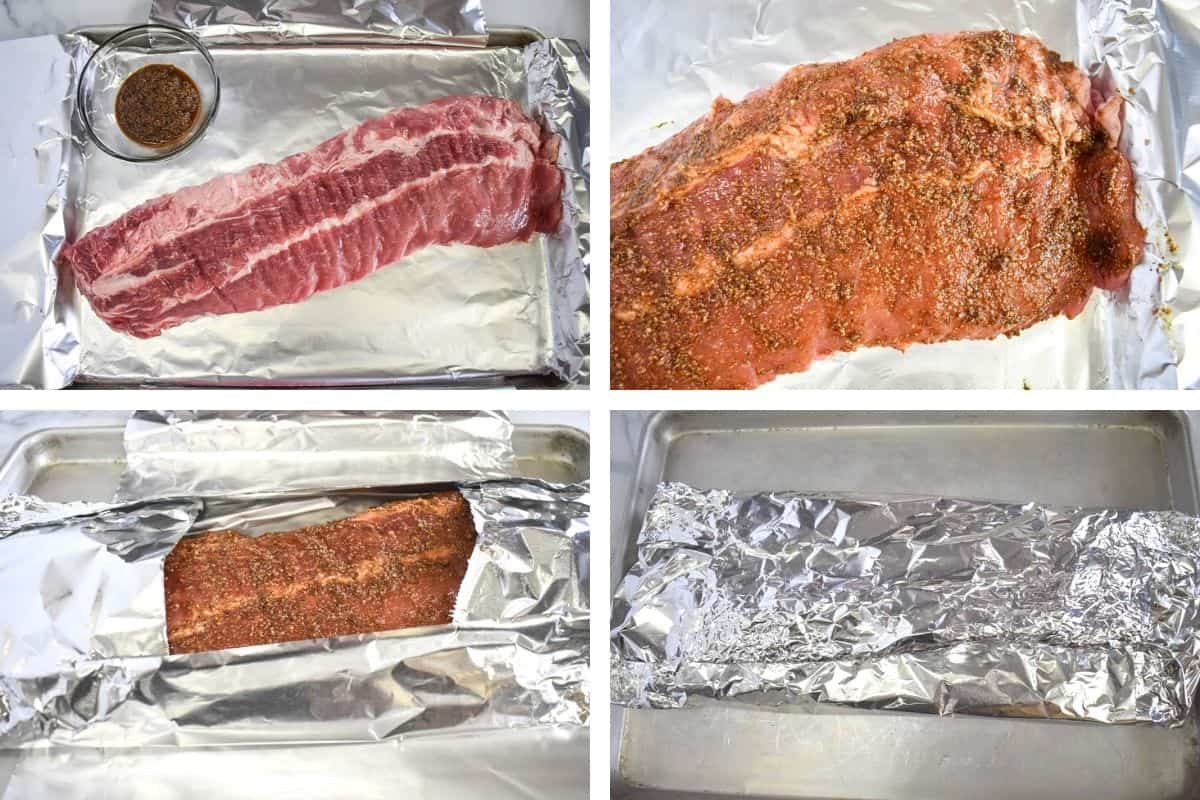A collage of four images showing the steps to preparing the ribs for baking.