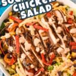 The Southwest chicken salad served in a white bowl with a graphic in the left top corner with the title in blue and white letters.
