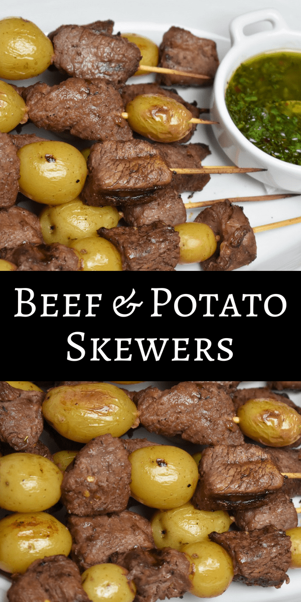 These beef & potato skewers are great for summer cook-outs. Affordable beef round pieces are marinated with a combination of Worcestershire and soy sauce, herbs and spices. They’re super flavorful and tender. Then the beef is skewered with little potatoes and grilled. #beefandpotatoes #beef #skewers #summertime #barbeque #grilledbeef #beefskewers