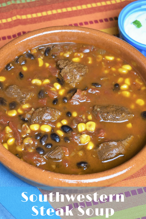 This southwestern steak soup is hearty, and really easy to make. Affordable beef round and simple pantry ingredients combine to make this delicious soup. It’s a little bit spicy and totally satisfying. #southwesternbeefsoup #southwesternsoup #beefsoup #soup #beefrecipes #soups