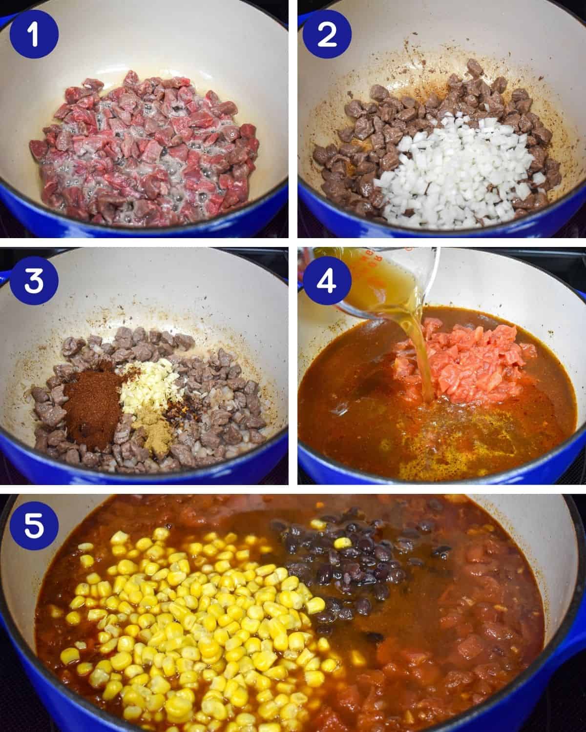 A collage of five images showing the steps to making the southwestern soup.