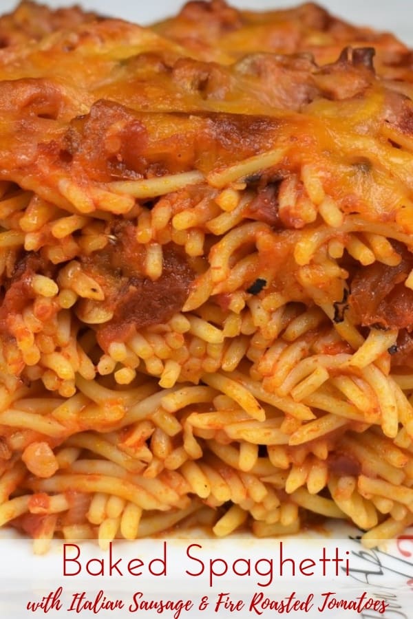 This baked spaghetti is really easy to make. We start with convenience ingredients like jarred pasta sauce, but add a special touch with onions, lots of garlic, flavorful Italian sausage, and fire-roasted tomatoes. The sauce will take less than an hour to cook, yet tastes homemade. #bakedspaghetti #pastadinners #spaghetti #easypastadinners