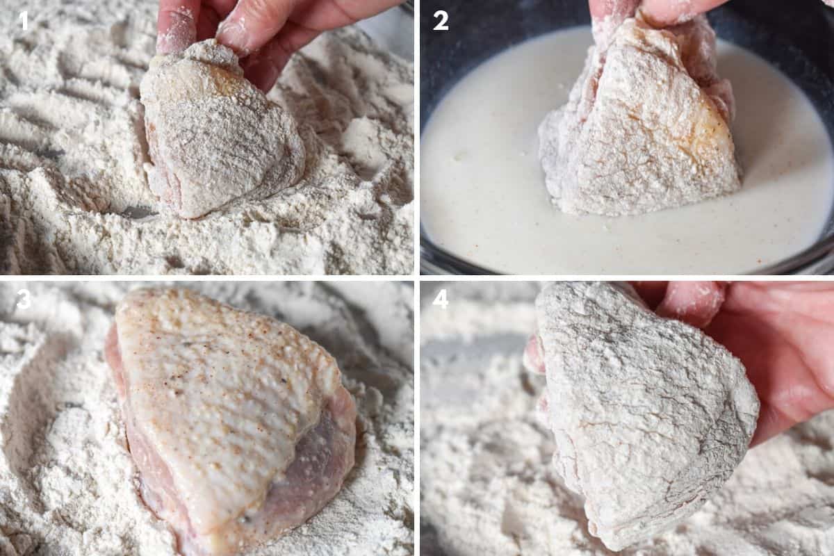 A collage of four pictures showing the steps of coating chicken with flour.