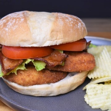 Crispy Chicken BLT, a breaded and fried chicken cutlet topped with bacon, lettuce and tomatoes served on a sandwich bun