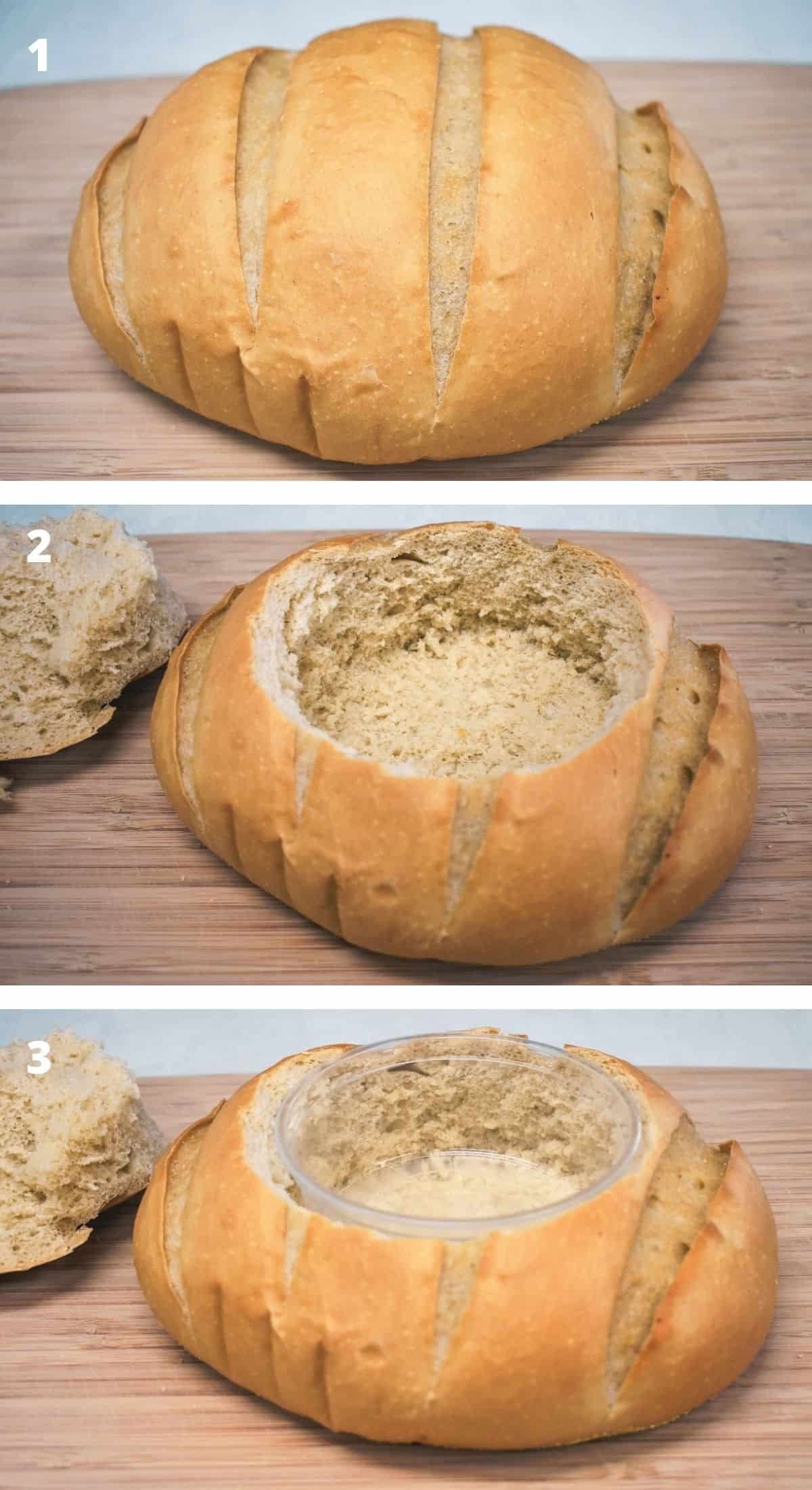 Three images showing the steps to hollowing out a bread bowl.