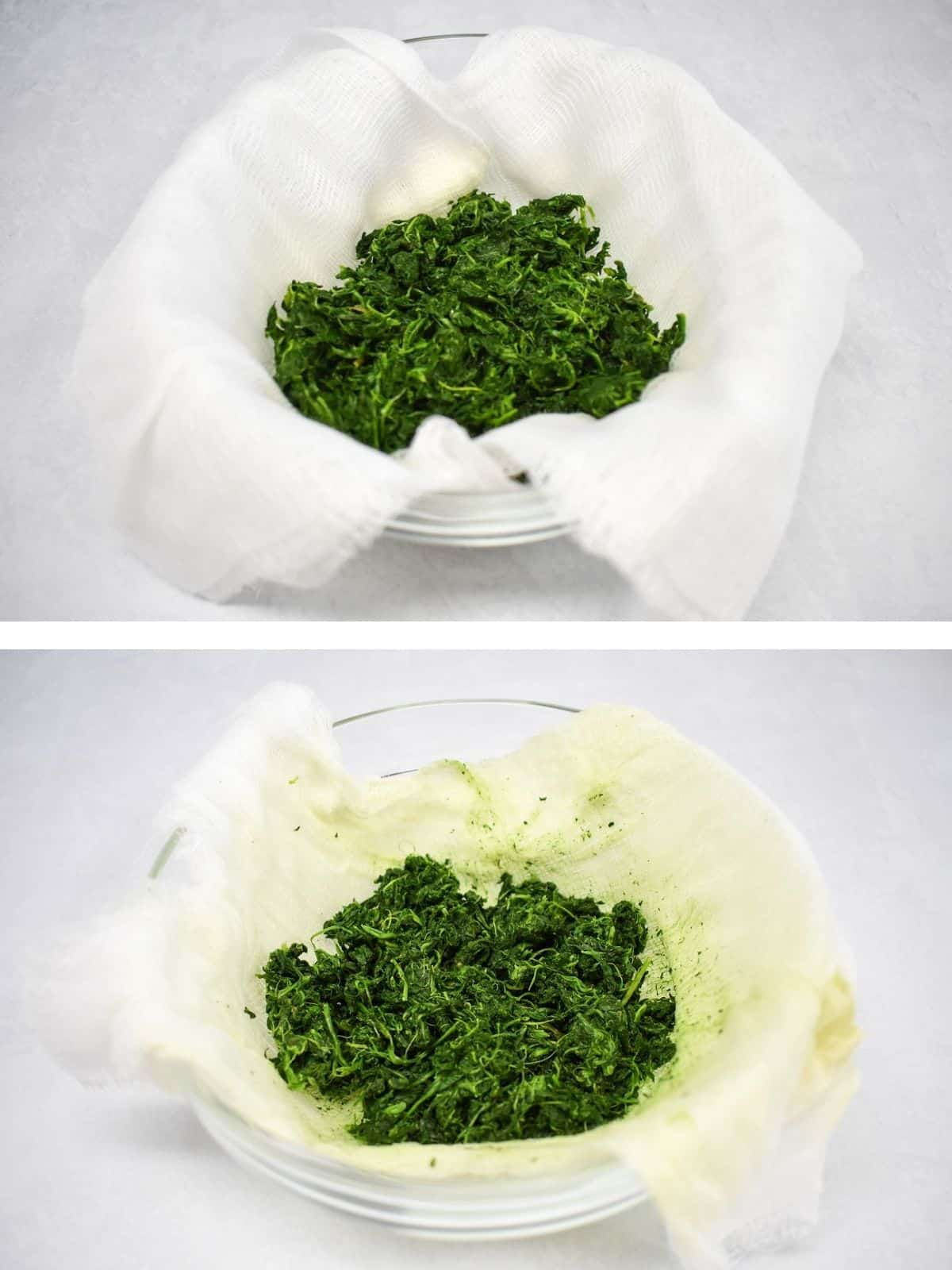 Two images of spinach in a cheese cloth, before and after squeezing the water out.