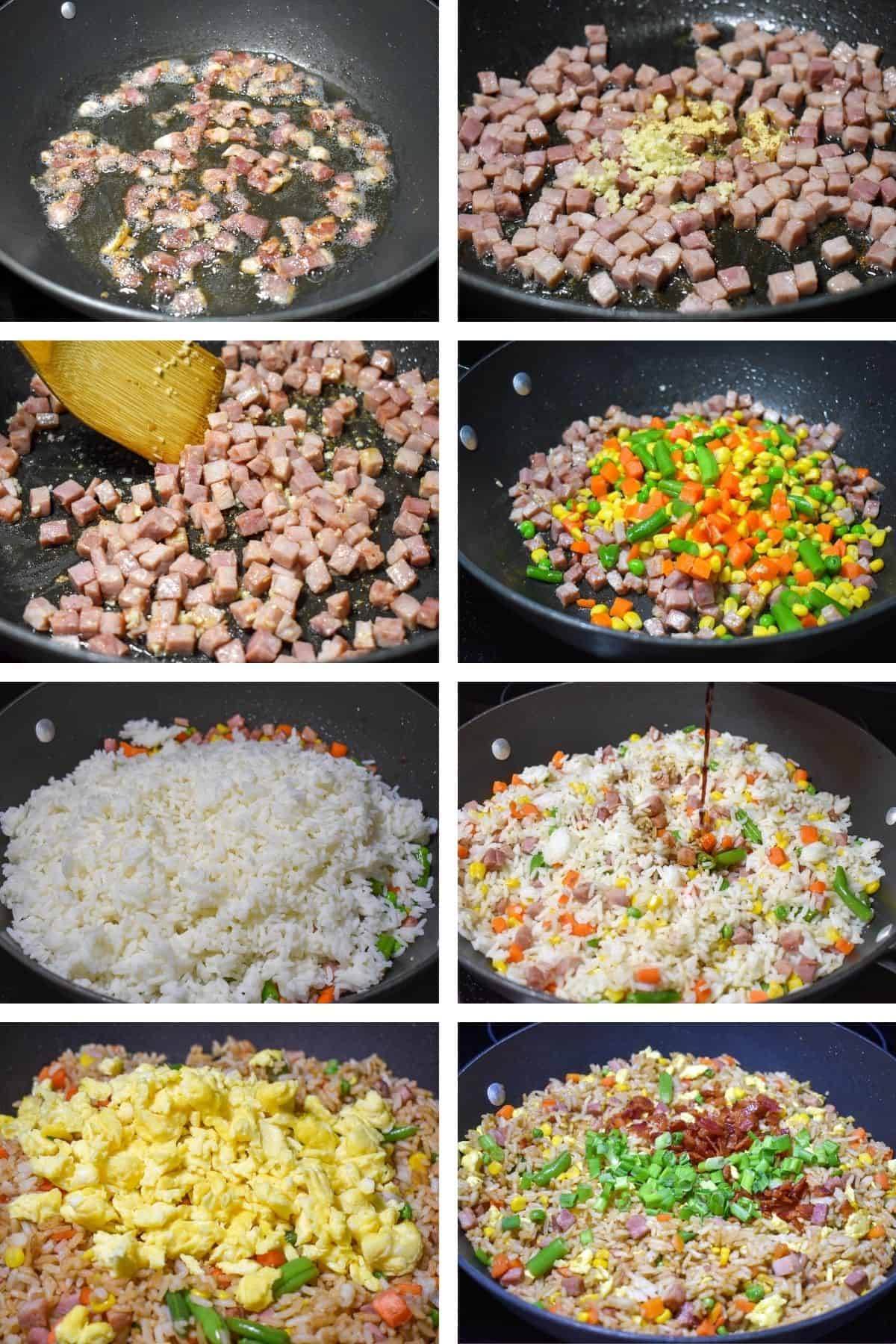 A collage of eight pictures illustrating the steps to make ham fried rice.