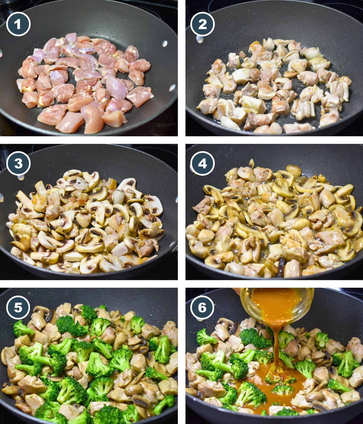 Chicken broccoli stir fry process collage showing diced chicken cooking in a skillet, mushrooms added, broccoli stirred in, and the stir fry sauce poured over the top.