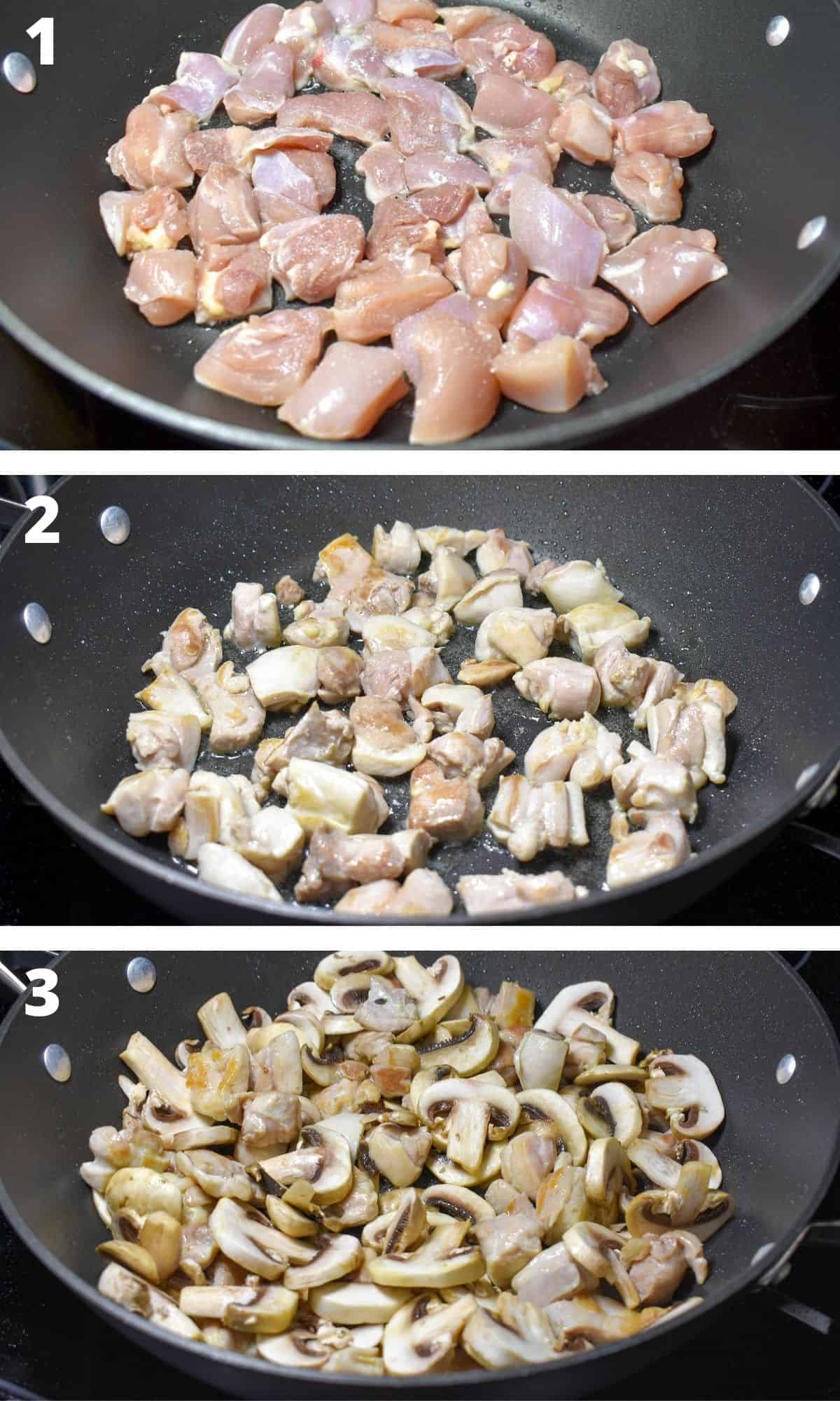 A collage of three images showing browning chicken thigh pieces and mushrooms added to a large, black skillet.