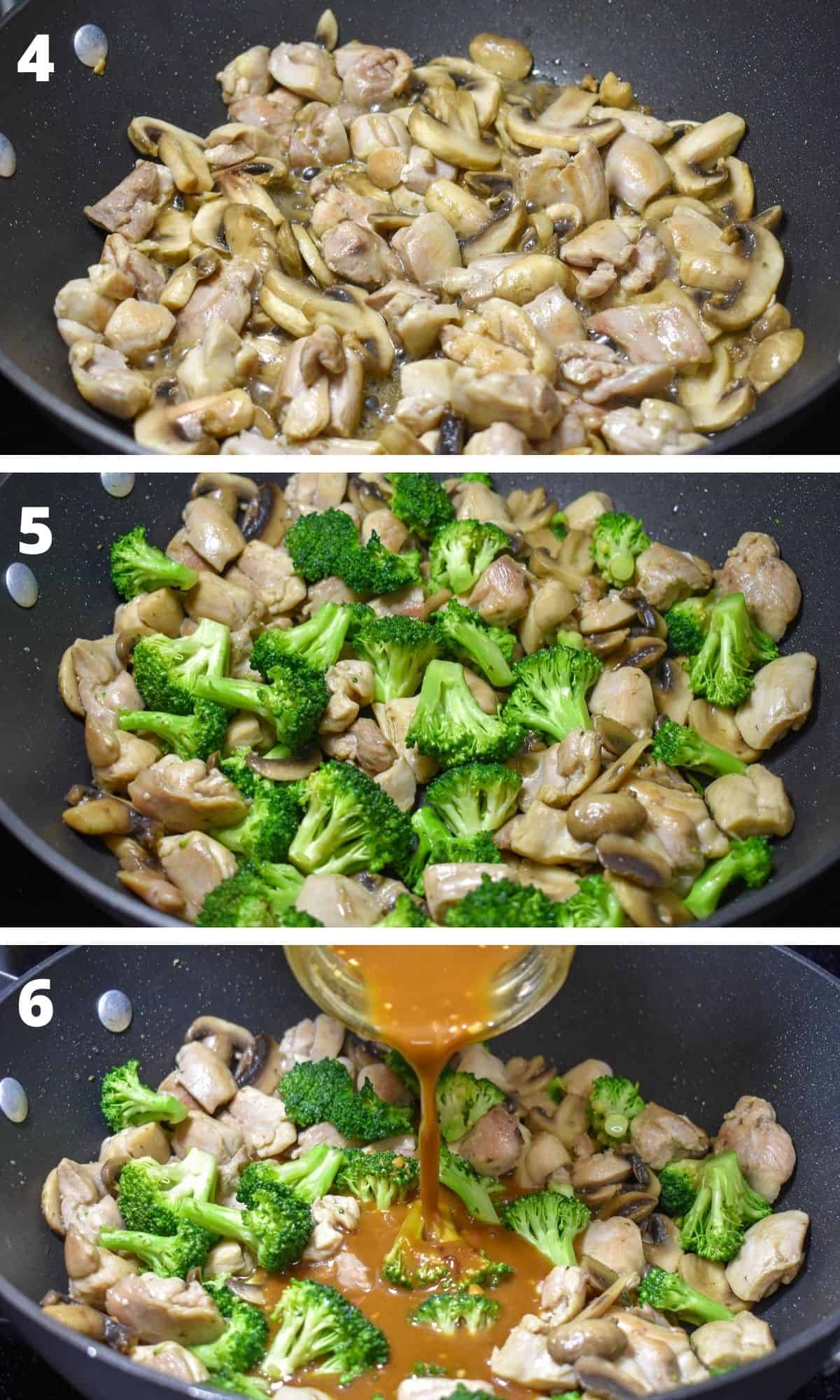 A collage of three images showing the mushrooms cooked down with the chicken, the broccoli added in and the final is adding the sauce to a large, black skillet.