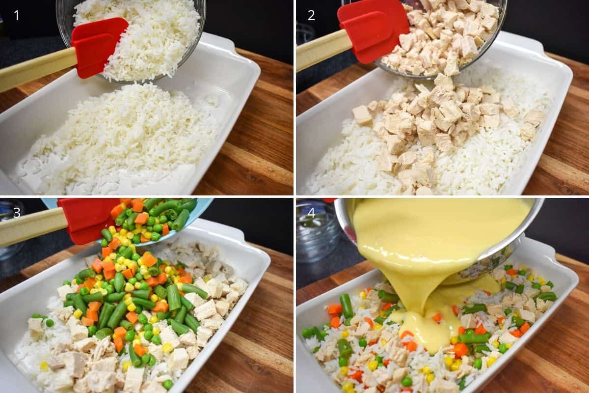 A collage of four pictures showing how to build the chicken and rice casserole.