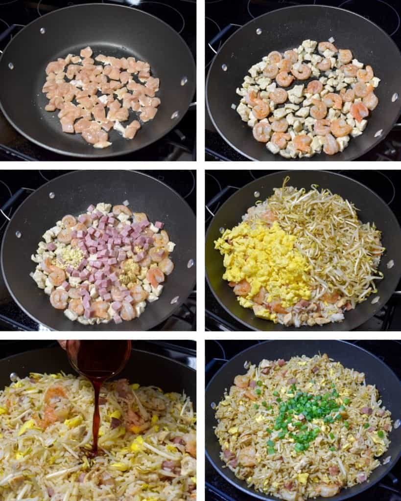 A collage of six pictures showing different steps of making the fried rice.