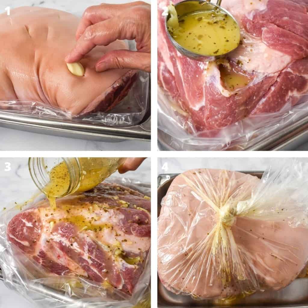 A collage of four images illustrating the steps to marinating a pork shoulder.