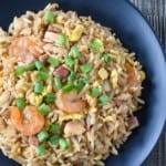 A close up image of the special fried rice garnished with chopped green onions served on a black plate. There is a small, aqua and white banner on the bottom left with the title in black letters.