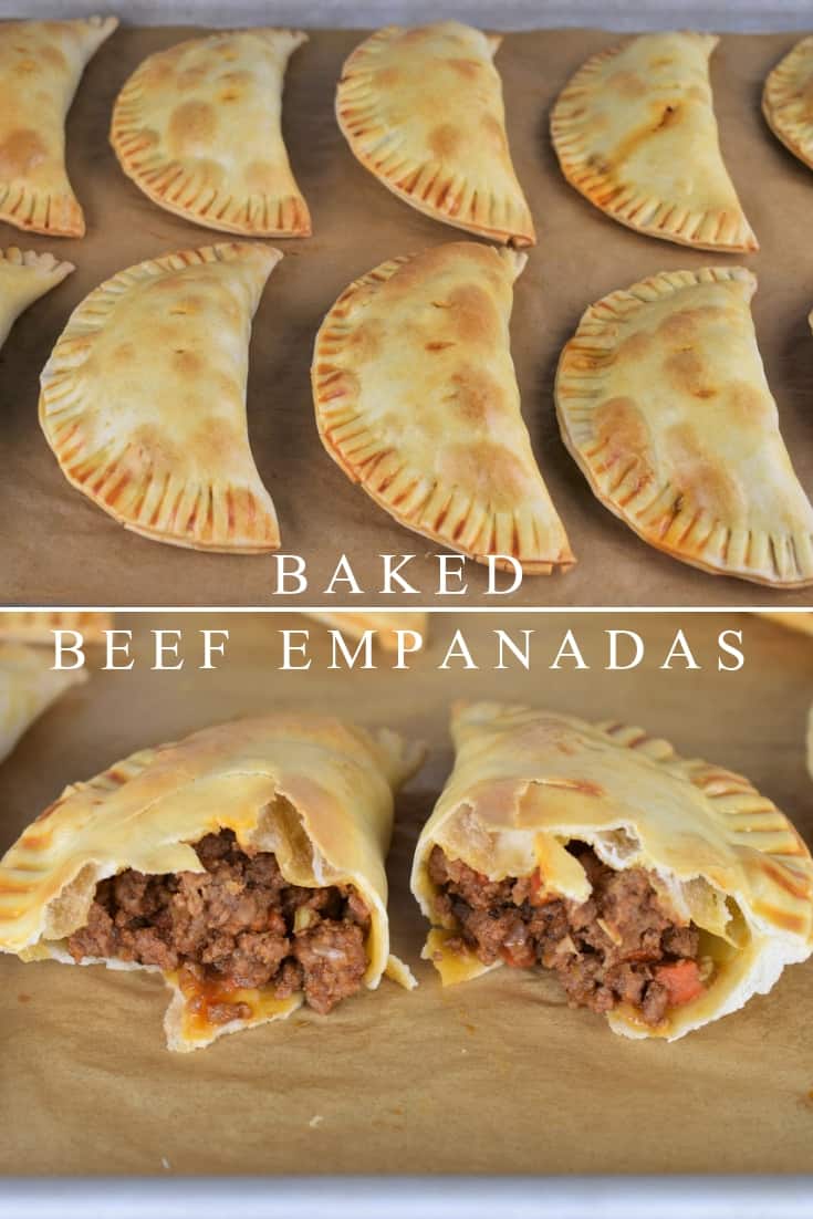 These beef empanadas are baked not fried and feature an easy-to-make ground beef filing. In this recipe we use premade empanada disks so they come together really quick. And with step by step instructions, you’ll be an expert in no-time. Empanadas make great appetizers, and they’re perfect for breakfast, brunch or as a mid-day snack. #bakedbeefempanadas #empanadas