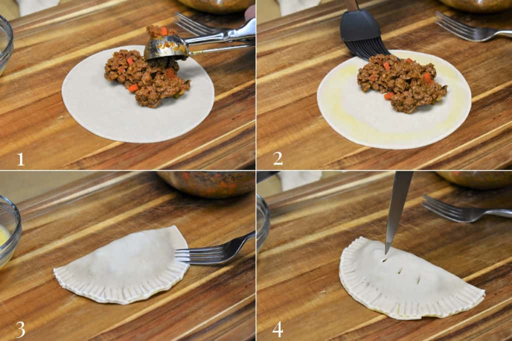 How to make empanadas showing four pictures one, adding the beef to the dough, two brushing egg wash around the edges, three sealing the folded dough with a fork and four, piercing the top with a knife tip for venting