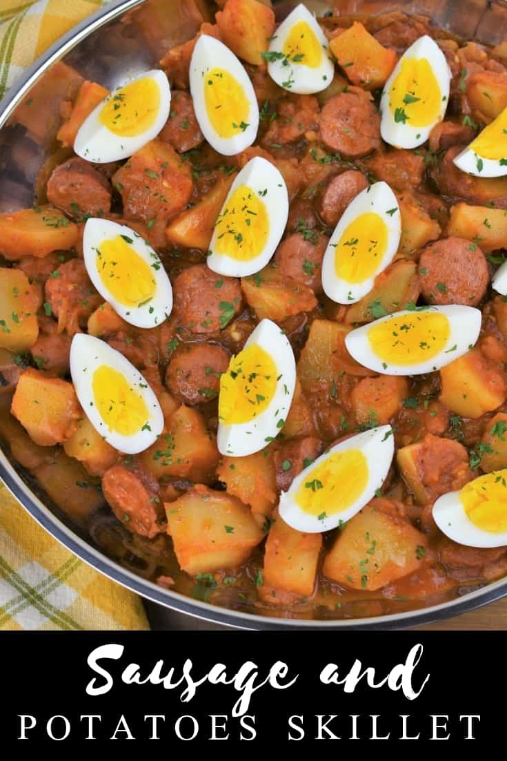 This sausage and potatoes skillet is easy, affordable and delicious, a winning combination for weeknight dinner! In this recipe, fully cooked sausage is simmered in a flavorful tomato sauce with potatoes. Then, to make it extra filling, it’s topped with hard boiled eggs. Serve this meal with crackers or bread to soak up the delicious sauce. This is a no-fuss comfort food meal that’s perfect for tight-budgets and cold nights!
#sausageandpotatoes #easysausagedinner