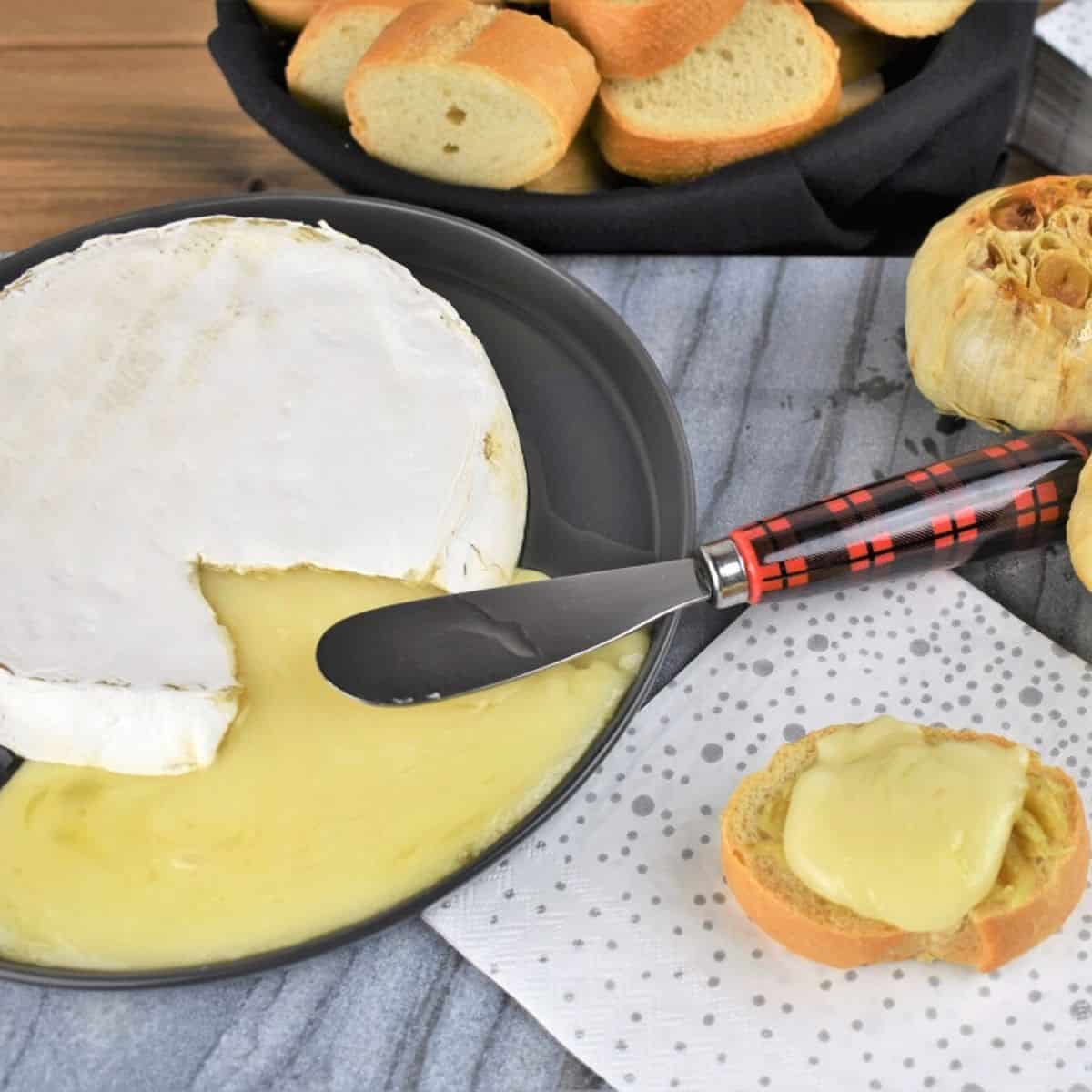 Melted baked brie served on a toast round with roasted garlic and sliced bread in the background.