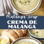 Pinterest-style collage showing two bowls of crema de malanga with garnish and bread, along with a text overlay labeling the dish.