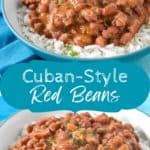 Two images of the red beans with a teal graphic in the center with the title in white letters.