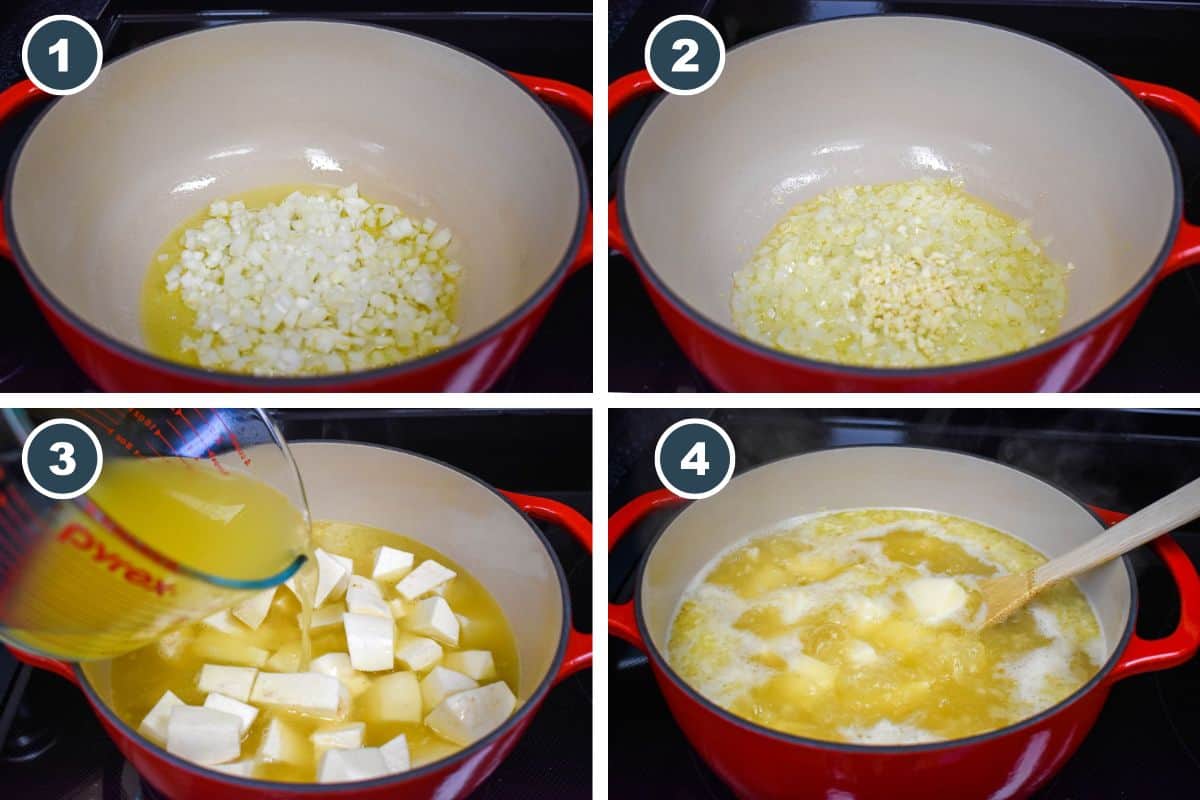 Collage of step-by-step cooking shots showing steps one through four of making the soup, including aromatics being sautéed and broth with root vegetables added to the pot.
