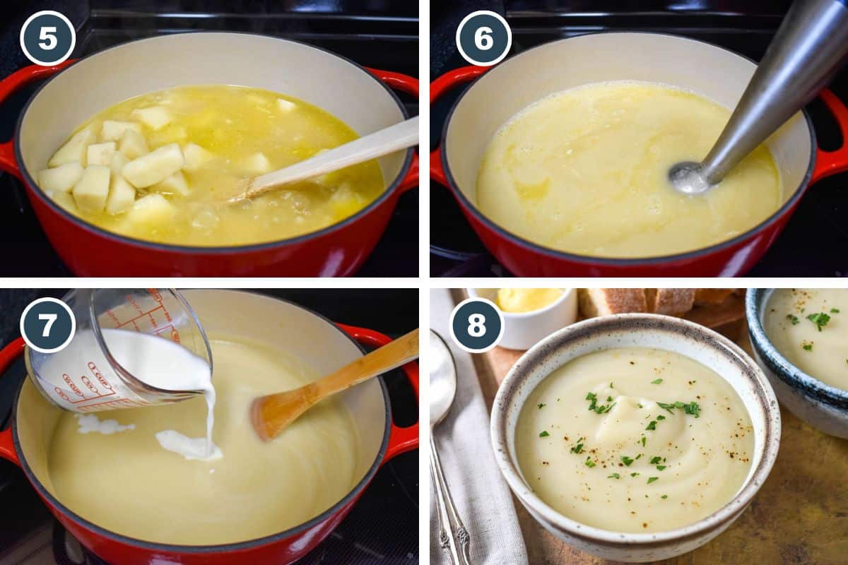 Collage of images showing steps five through eight of making the soup, including blending, stirring in milk, and serving the finished dish with fresh herbs.