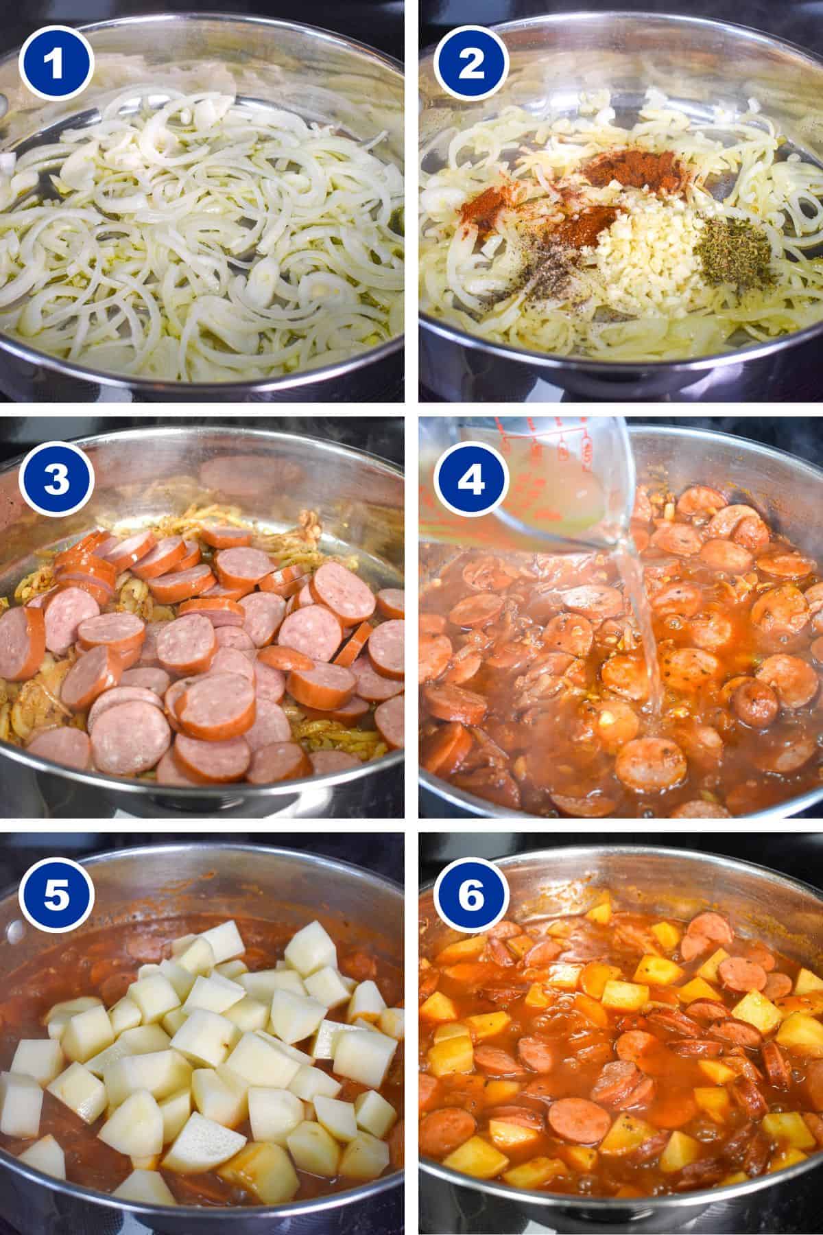 A collage of six images showing the steps to making the sausage and potatoes dish with each step labeled with white and blue numbers.