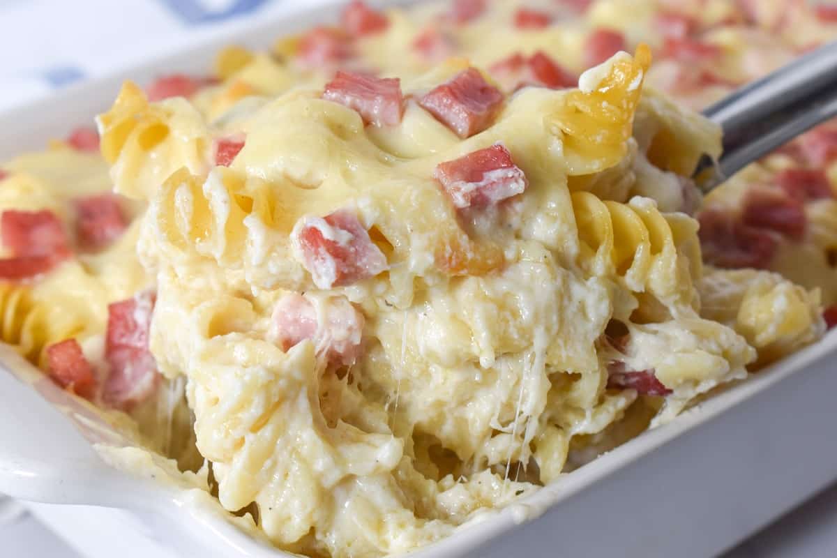 A large spoon holding up a serving of the creamy pasta from the casserole dish.