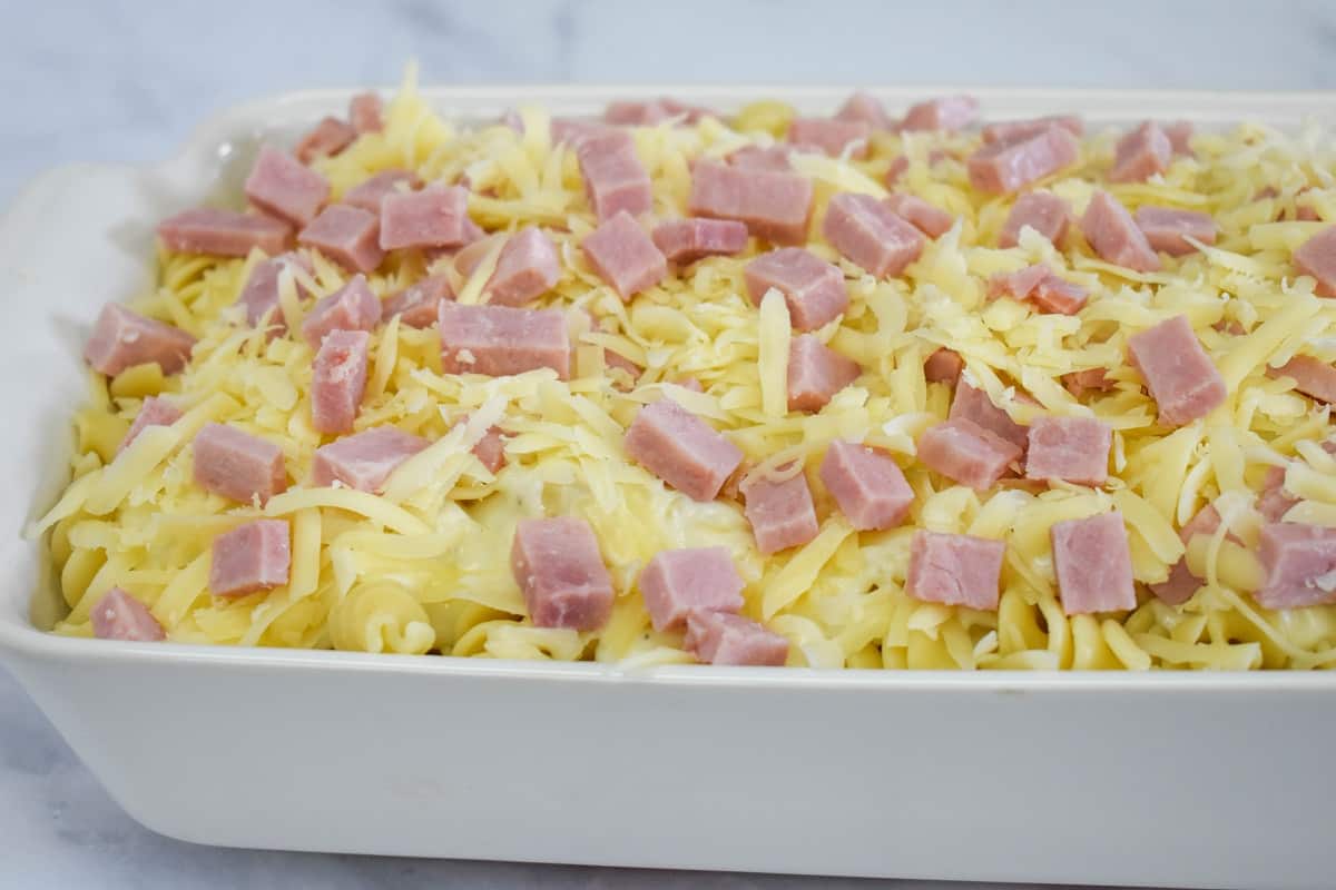 The ham and cheese casserole before baking.