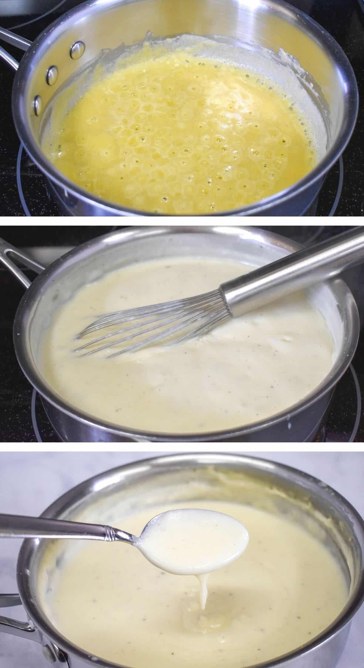 A collage of three images showing the steps to making the white sauce.