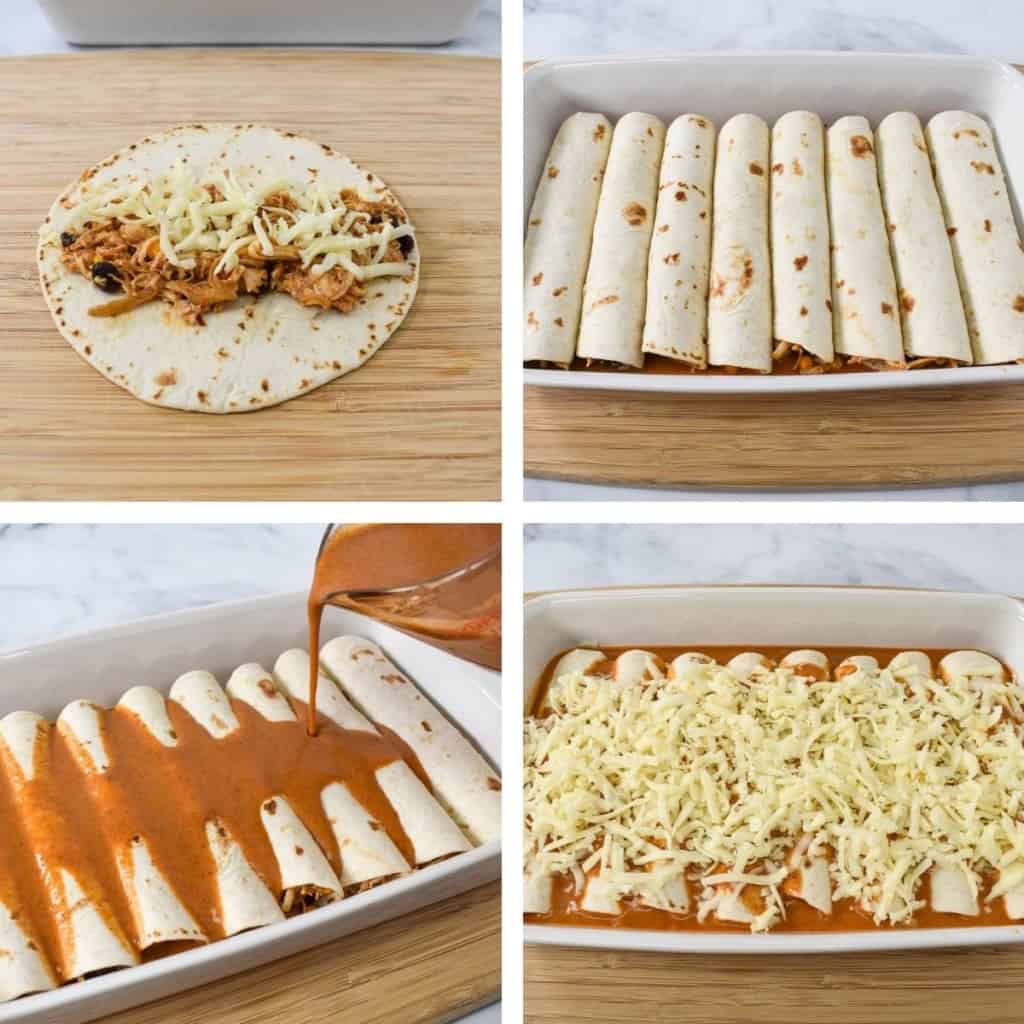 A collage of four images showing the steps to make the enchiladas from rolling to arranging them in the casserole dish.