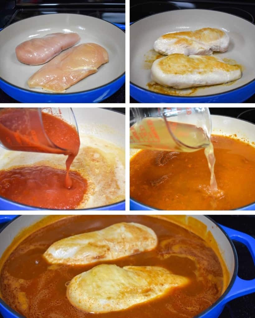 Five pictures in a collage showing the steps to make the chicken and sauce.