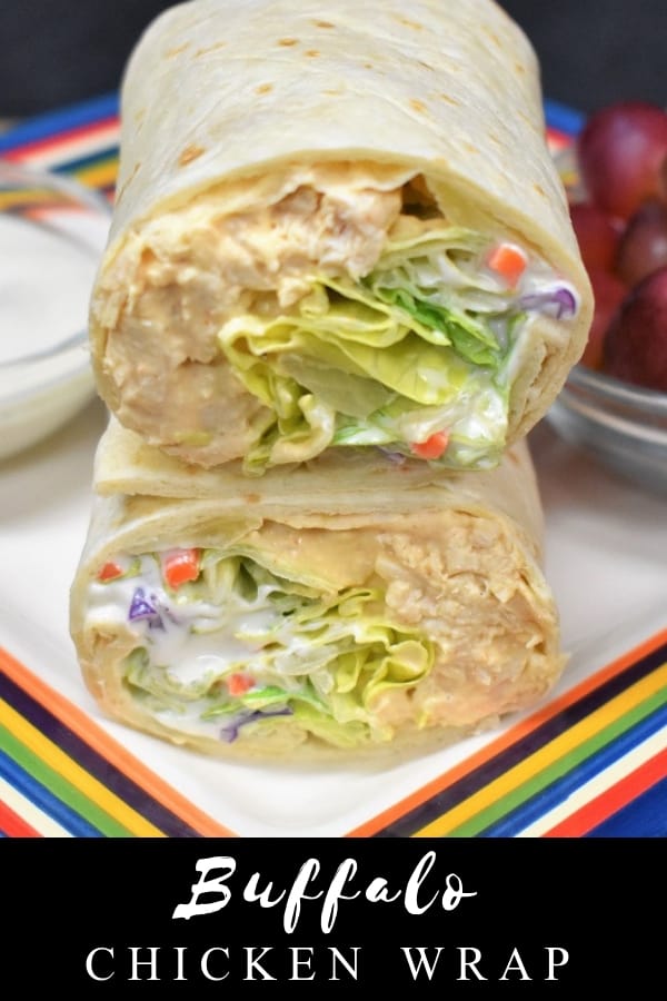 This buffalo chicken wrap is a delicious and really easy recipe to put together for lunch. It’s a great option for a quick dinner and they’re perfect for your game-day spread too. For these wraps we use large flour tortillas and stuff them with diced poached chicken breast, cream cheese, sour cream and plenty of hot sauce. Then we add a generous amount lettuce and top the whole thing off with ranch dressing. #buffalochickenwrap #lunch #wraps
