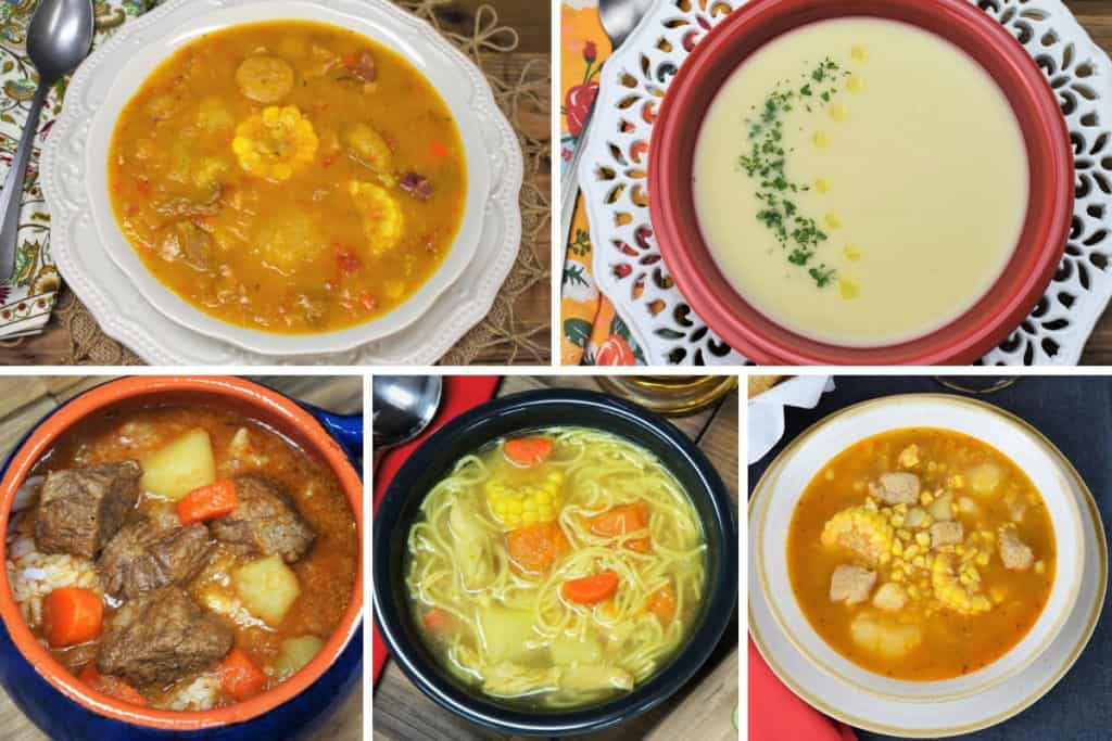 A collage of five Cuban soups, from left to right: ajiaco, crema de malanga, sopa de res, Cuban chicken soup and Cuban corn stew.