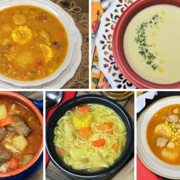 A collage of five Cuban soups, from left to right: ajiaco, crema de malanga, sopa de res, Cuban chicken soup and Cuban corn stew.