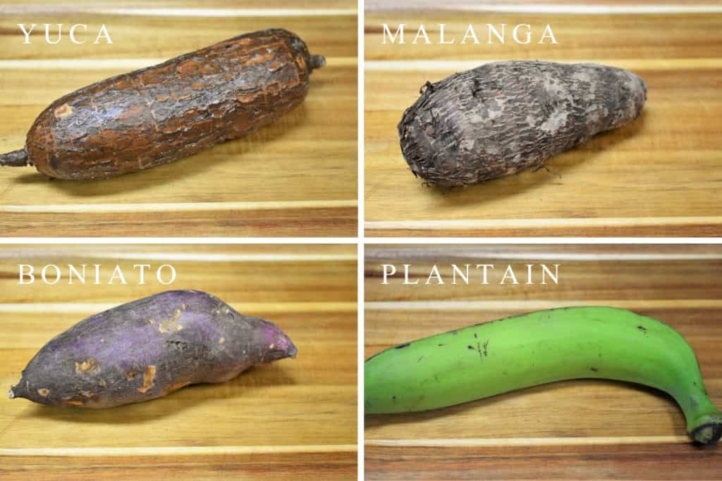 a collage of vegetables used in Cuban soups, from left to right: yuca, malanga, boniato, plantain