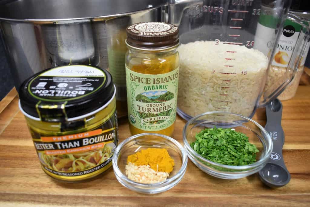 Yellow Rice Ingredients on a wood cutting board