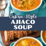 Split image of soup with corn, meat, and vegetables served with sliced bread, labeled Cuban-style ajiaco soup.