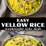 Easy yellow rice weeknight side dish made with turmeric and topped with toasted almonds and parsley.