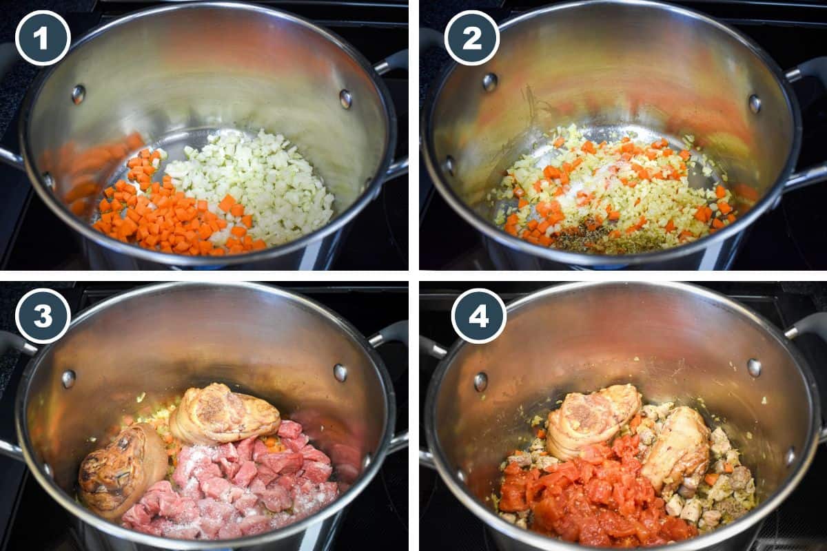 Step-by-step cooking process showing diced vegetables, spices, meat, and tomatoes added to a soup pot.