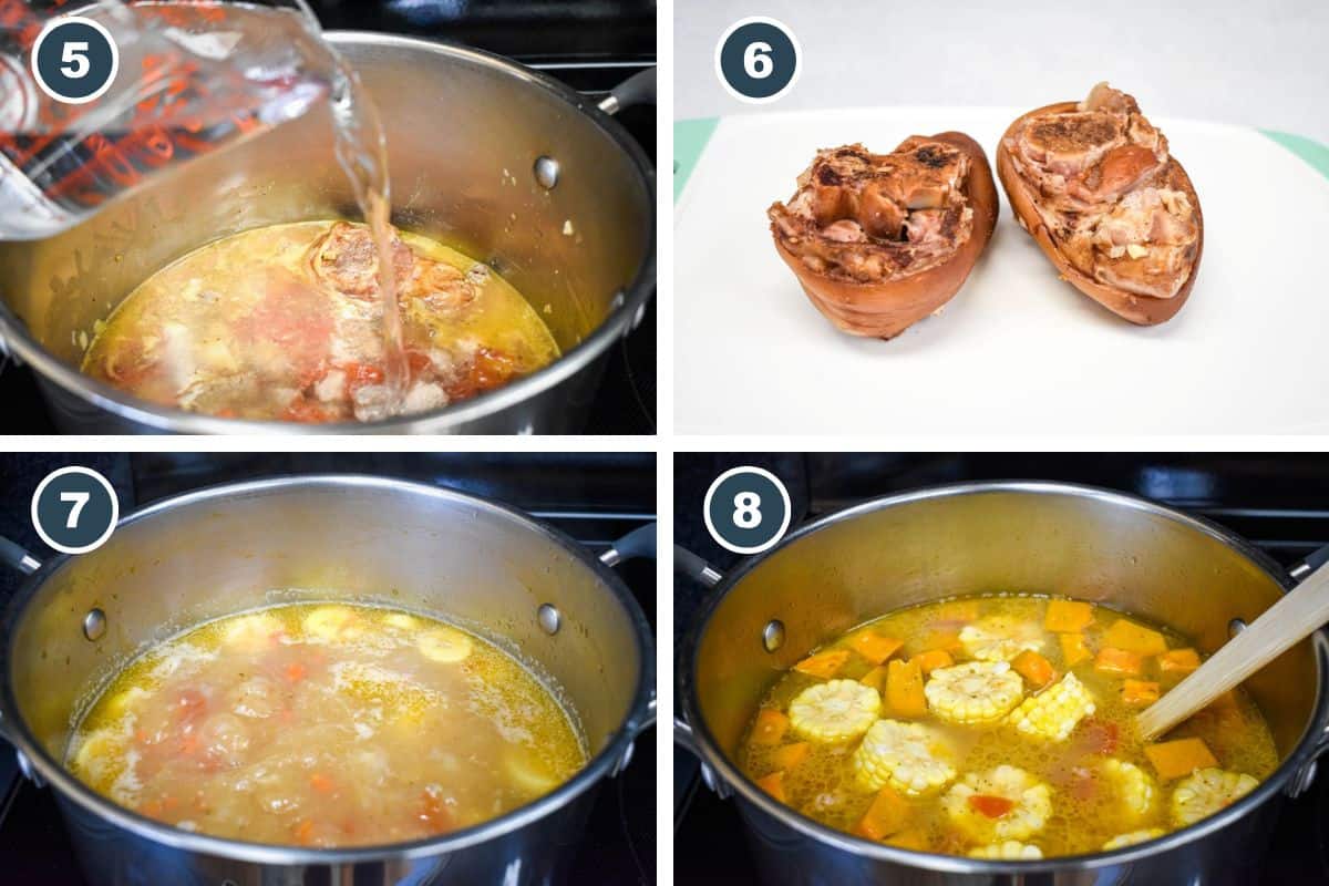 Cooking steps showing broth being added, ham shanks removed, and vegetables like plantains and corn simmering in the pot.