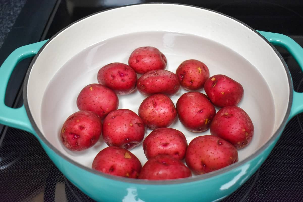 Small red potatoes covered with water in a large teal and white pot.