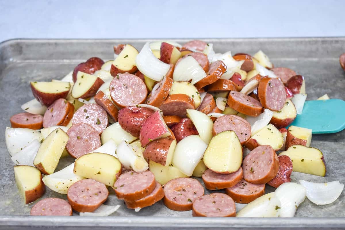 The ingredients for the meal mounded on a metal baking sheet.