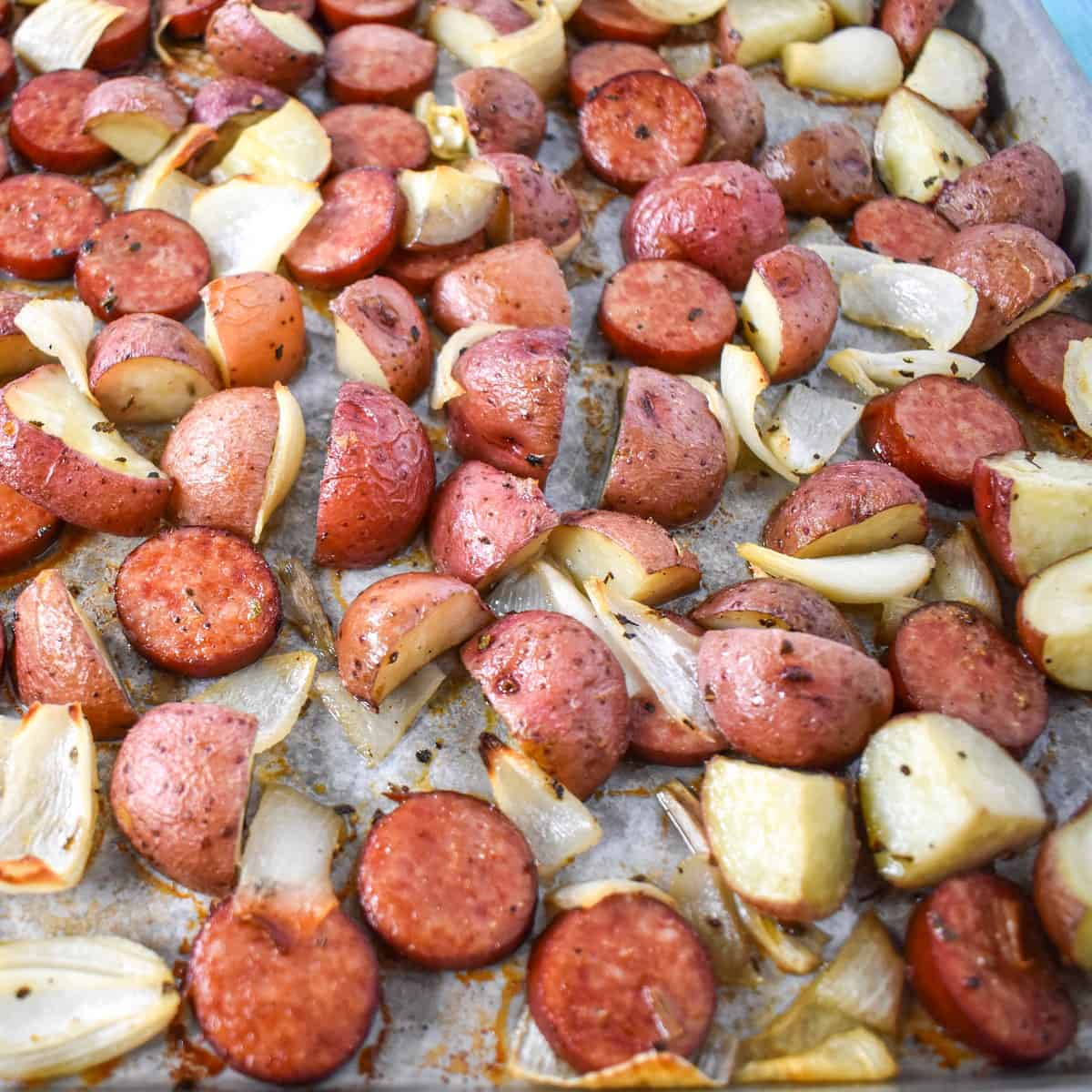 A close up of the sheet pan dinner.