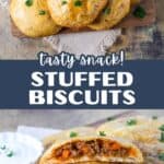Golden stuffed biscuits filled with a savory beef and vegetable mixture, served on a wooden board with dipping sauce, an easy and tasty snack.