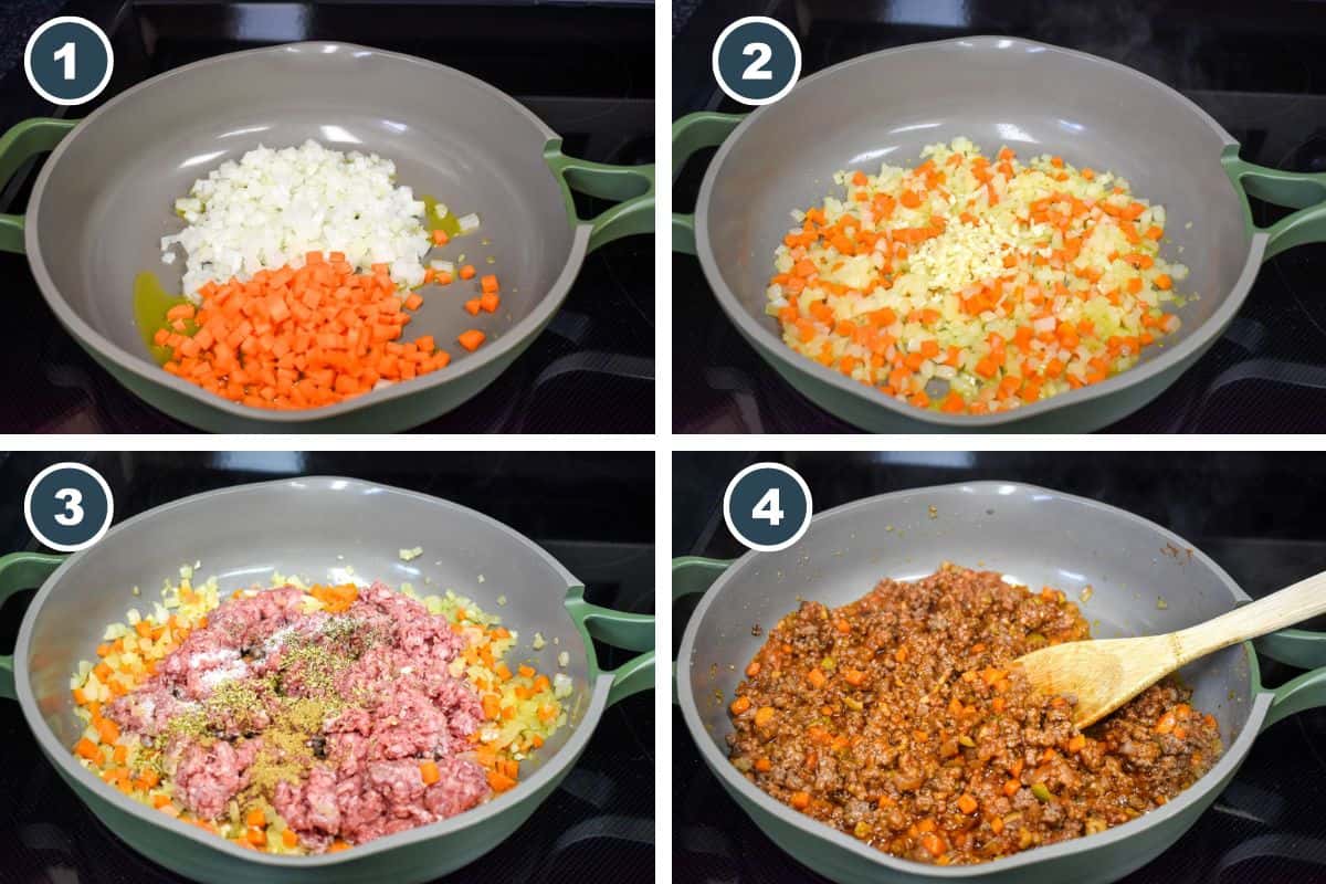 Four cooking steps in a skillet: sautéing onions and carrots, adding garlic, adding beef with spices, and simmering meat sauce.